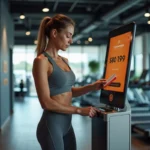 Femme scannant sa carte d'abonnement Basic-Fit à l'entrée d'une salle de sport moderne avec écran d'accueil numérique