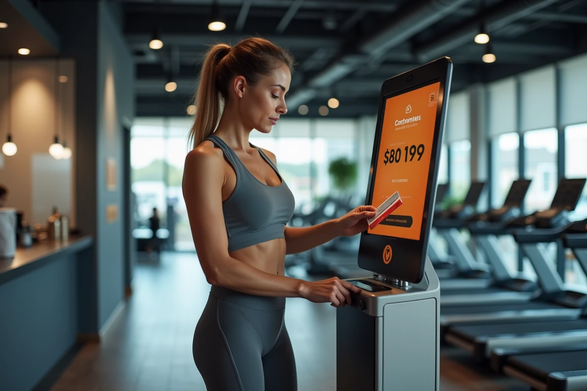 Femme scannant sa carte d'abonnement Basic-Fit à l'entrée d'une salle de sport moderne avec écran d'accueil numérique