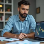 Homme en chemise bleue analysant des graphiques boursiers sur un ordinateur portable à son bureau