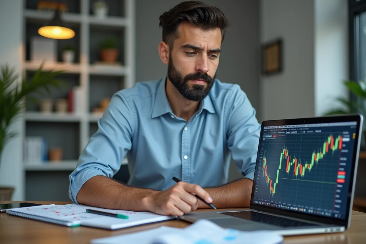Homme en chemise bleue analysant des graphiques boursiers sur un ordinateur portable à son bureau