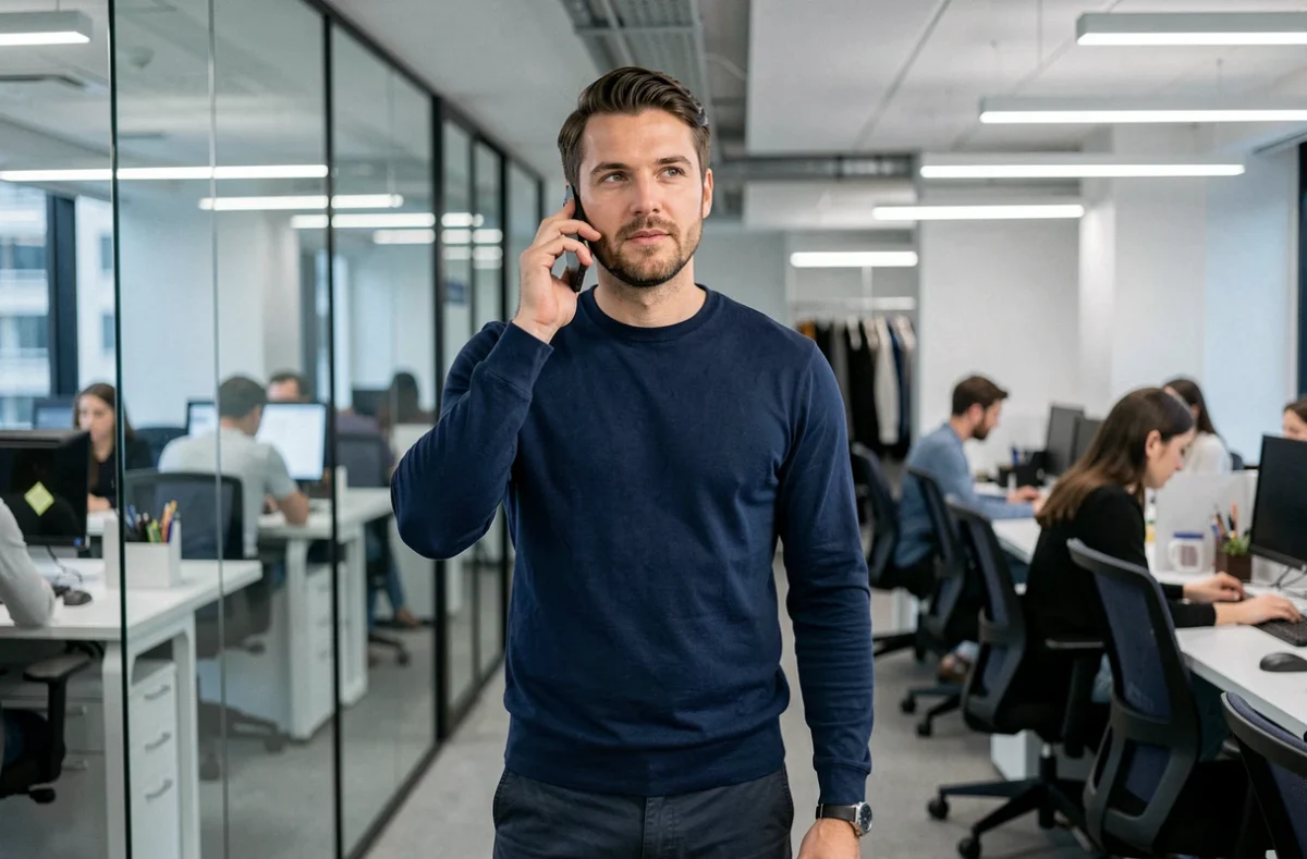 Homme passant un appel téléphonique au service client d'une boutique de mode depuis un bureau professionnel