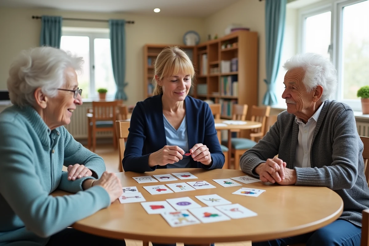 Groupe de seniors participant à un atelier de stimulation cognitive animé par une ergothérapeute en centre gériatrique