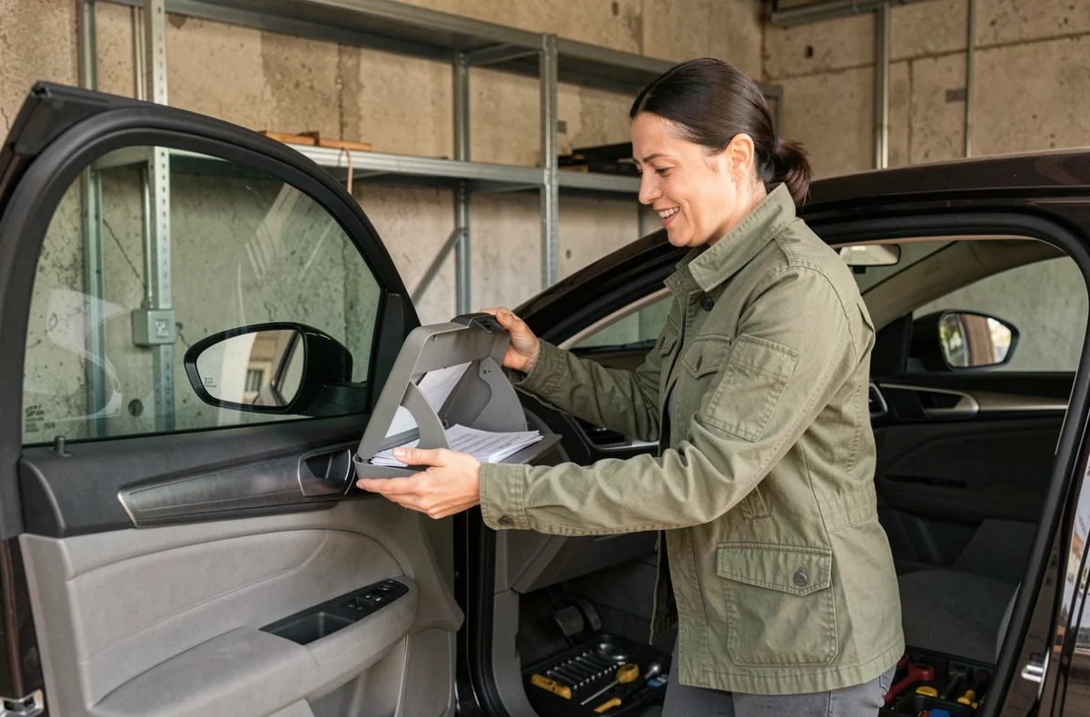 Femme soulagée ouvrant avec succès la boîte à gants débloquée de sa Ford Mondeo dans un garage