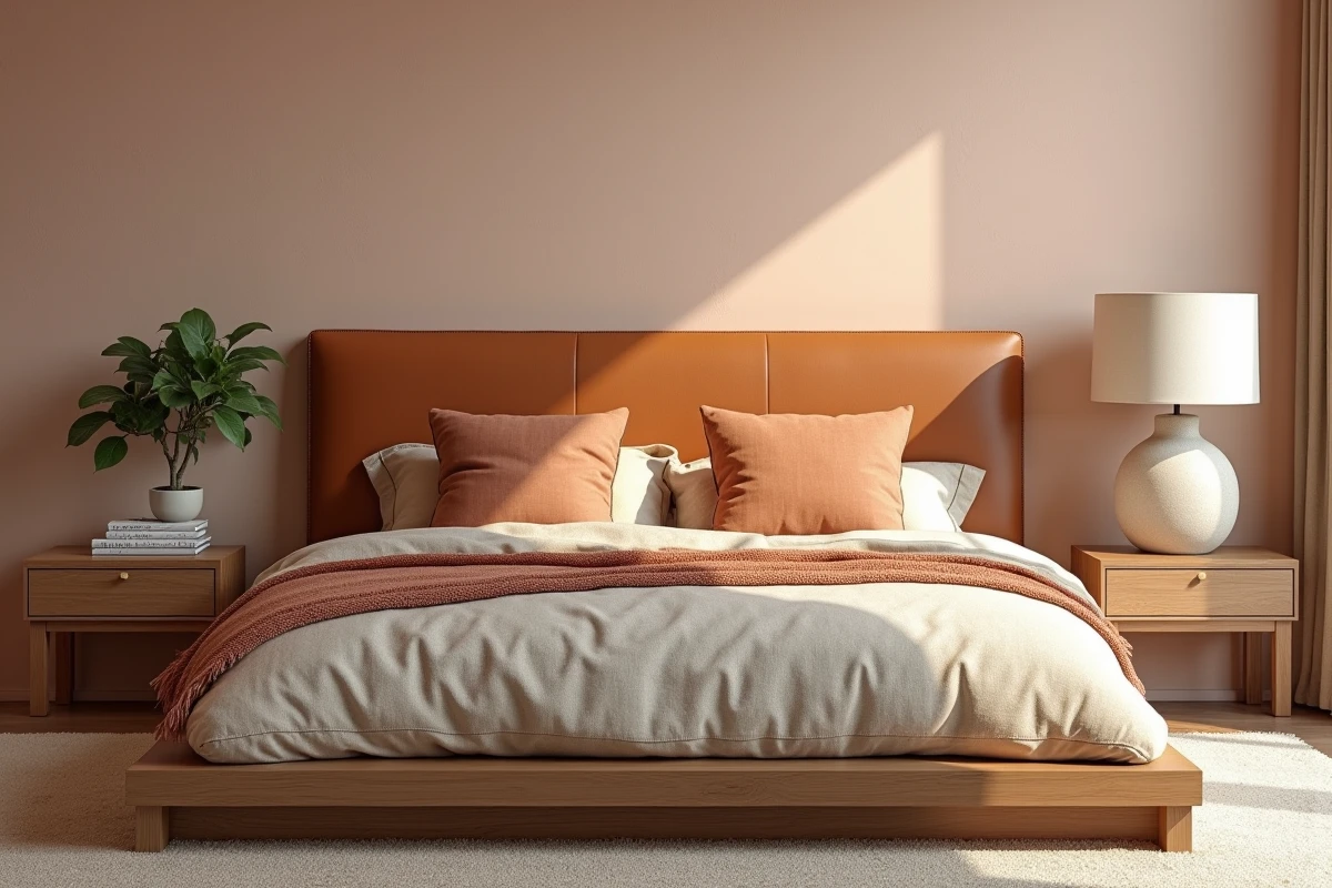 Chambre biophilique avec tête de lit en cuir cognac, mur en enduit chaux rose et parure de lit en lin naturel dans un intérieur tendance