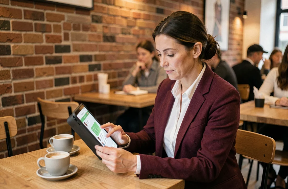 Femme utilisant le chat en ligne d'une boutique de mode depuis un café urbain avec une tablette