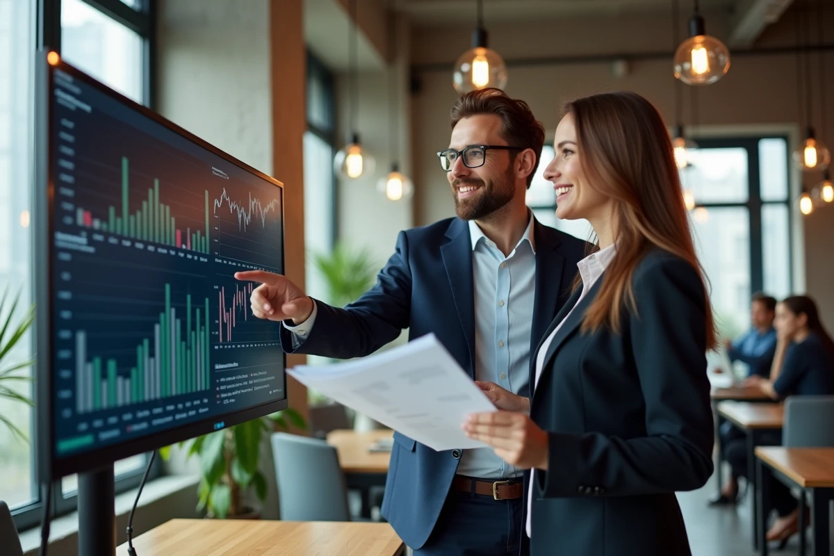 Deux collègues analysant ensemble un tableau de bord financier et des indices boursiers en espace de coworking