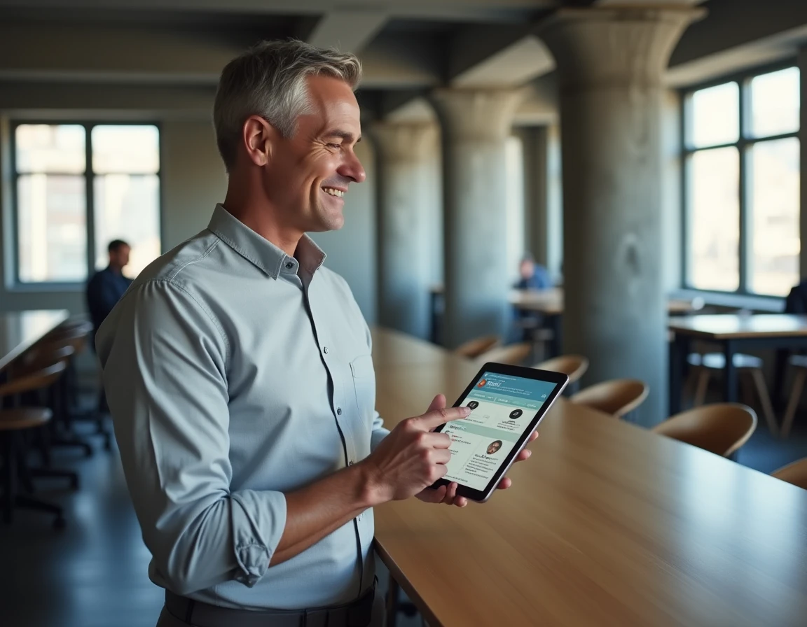 Conseiller IAD France consultant l'intranet réseau sur une tablette dans un espace de coworking
