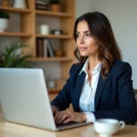 Conseillère immobilière IAD utilisant l'intranet sur son ordinateur portable dans un bureau à domicile moderne