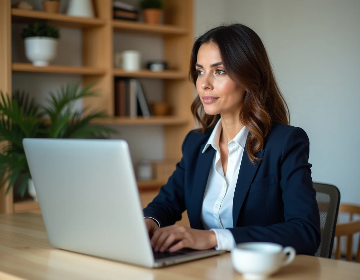 Conseillère immobilière IAD utilisant l'intranet sur son ordinateur portable dans un bureau à domicile moderne