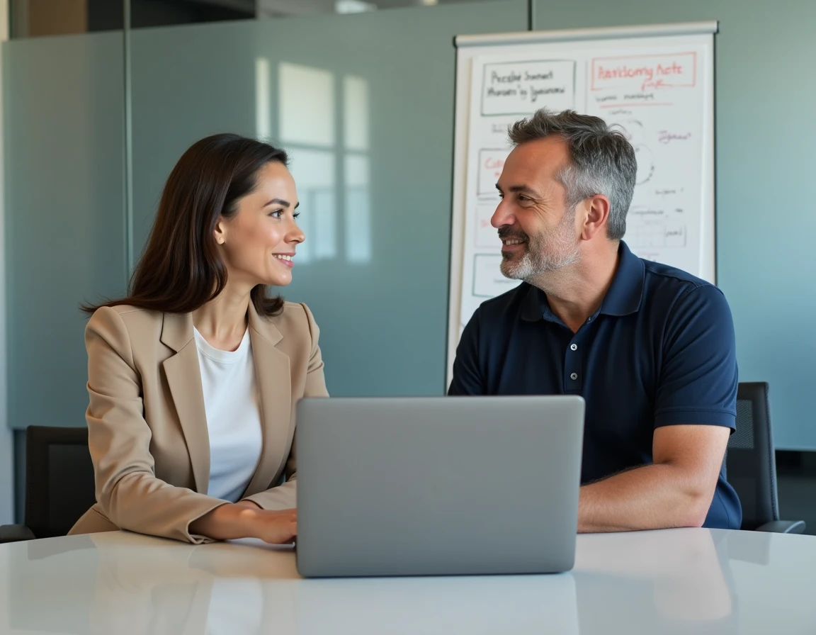 Deux conseillers IAD France en réunion consultant les fonctionnalités de l'intranet sur un ordinateur portable