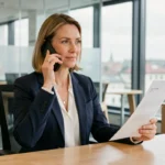 Femme professionnelle passant un appel téléphonique dans un bureau moderne pour contacter une agence de placement en Suisse