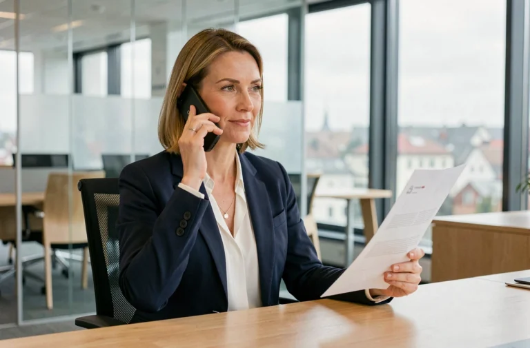Femme professionnelle passant un appel téléphonique dans un bureau moderne pour contacter une agence de placement en Suisse