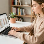 Jeune femme contactant le service client d'une boutique de mode en ligne depuis son bureau à domicile