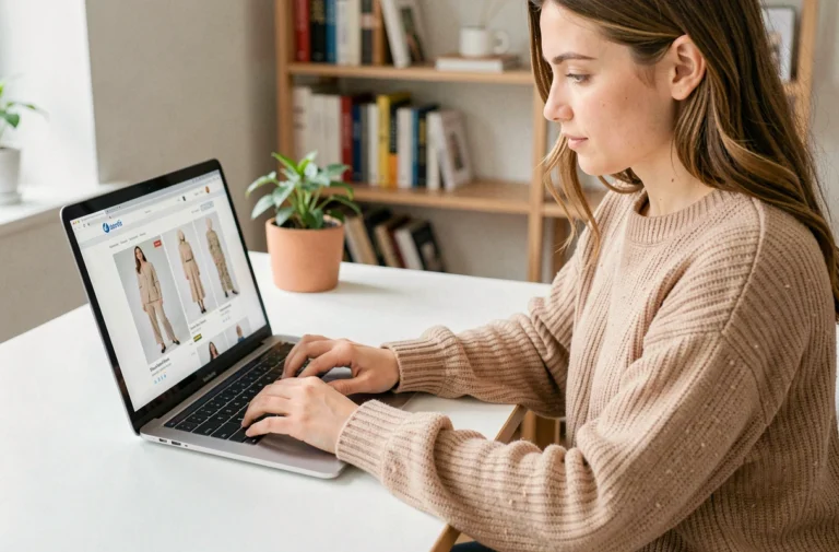 Jeune femme contactant le service client d'une boutique de mode en ligne depuis son bureau à domicile