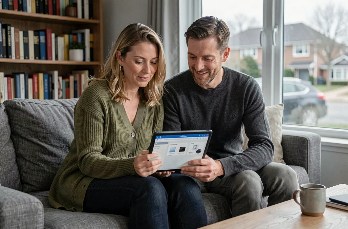 Couple consultant une application domotique sur tablette dans un salon confortable pour gérer les équipements de la maison