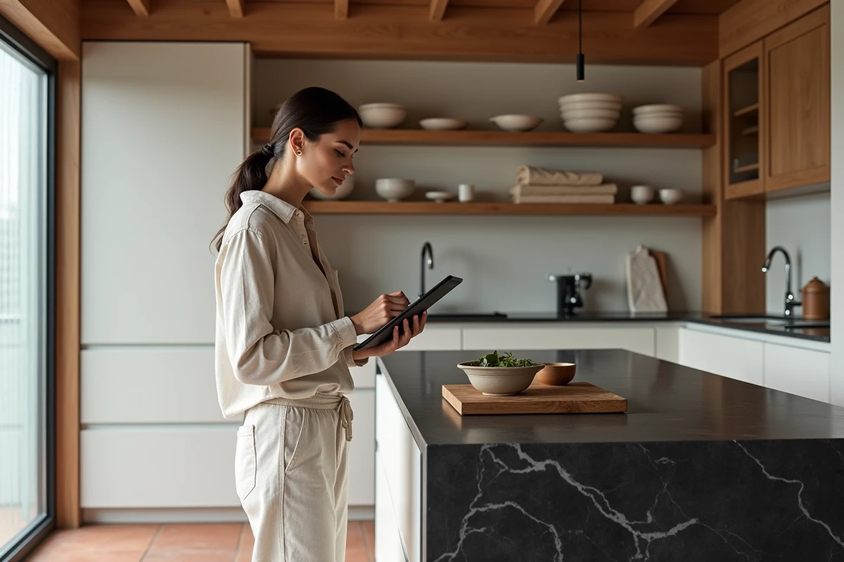 Cuisine Japandi avec îlot en granit noir, cabineterie mate et femme en lin crème dans un intérieur design contemporain