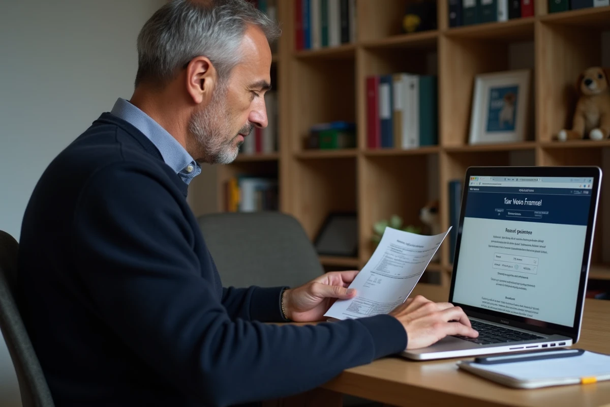 Homme déclarant des frais vétérinaires en ligne sur un site de déclaration fiscale française