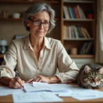 Femme consultant des documents fiscaux et une facture vétérinaire avec son chat sur une table en bois