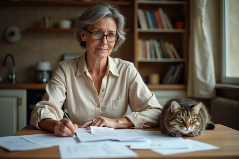 Femme consultant des documents fiscaux et une facture vétérinaire avec son chat sur une table en bois