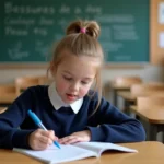 Élève de CM2 concentrée en train d'écrire une dictée dans un cahier ligné en classe