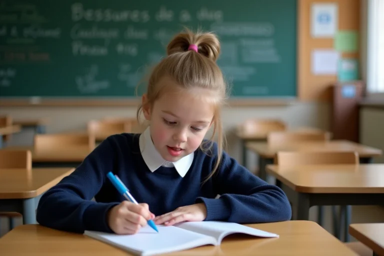 Élève de CM2 concentrée en train d'écrire une dictée dans un cahier ligné en classe