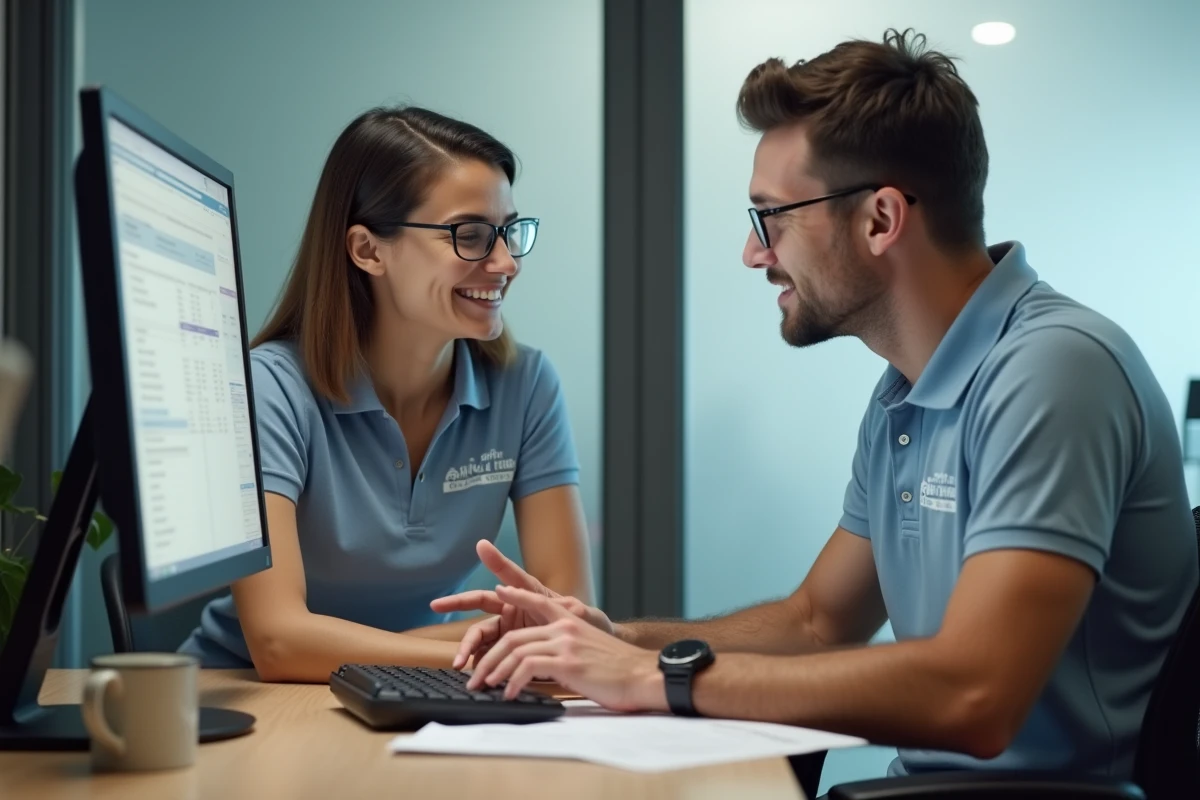 Deux employés d'un centre Securitest consultant ensemble l'espace affilié en ligne pour gérer les fonctionnalités du compte
