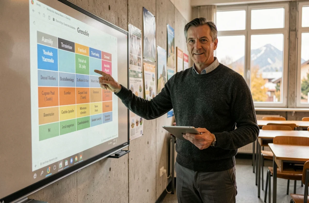 Enseignant présentant le calendrier de l'année scolaire 2026 sur un tableau numérique interactif dans une salle de classe à Grenoble
