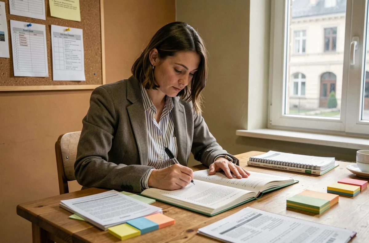Enseignante organisant son année scolaire 2026 avec un agenda et des fiches de planification dans une salle des professeurs à Grenoble