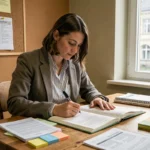Enseignante organisant son année scolaire 2026 avec un agenda et des fiches de planification dans une salle des professeurs à Grenoble