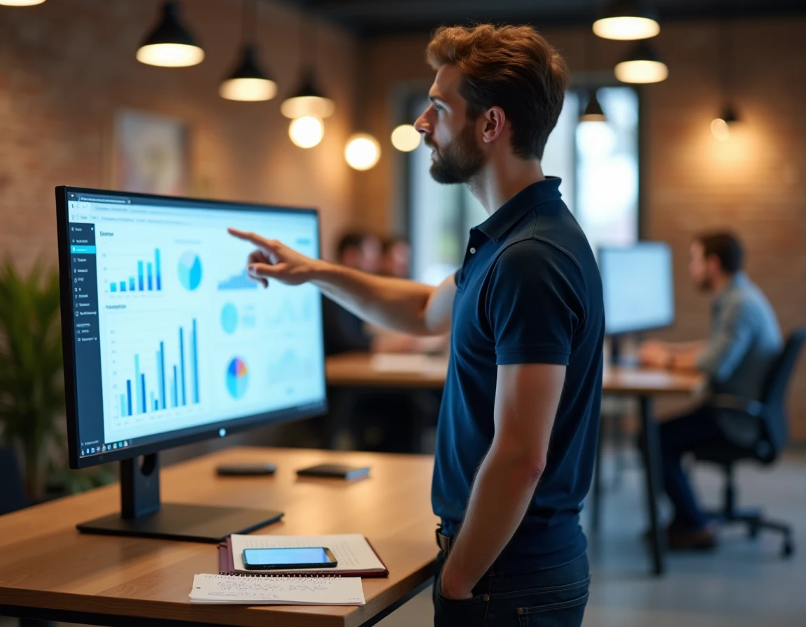 Jeune homme en espace de coworking présentant une stratégie de lancement d'entreprise en ligne