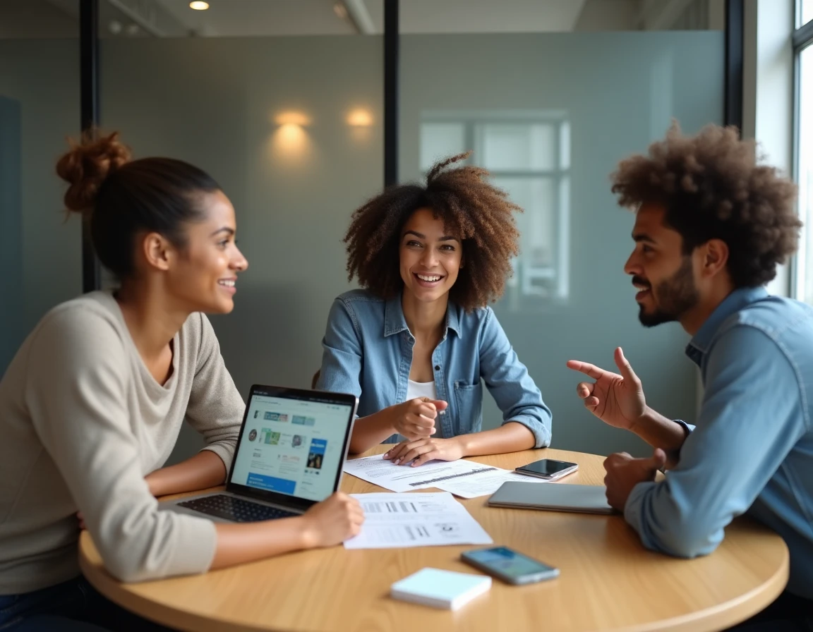 Équipe entrepreneuriale collaborant autour d'un plan de développement pour une entreprise en ligne