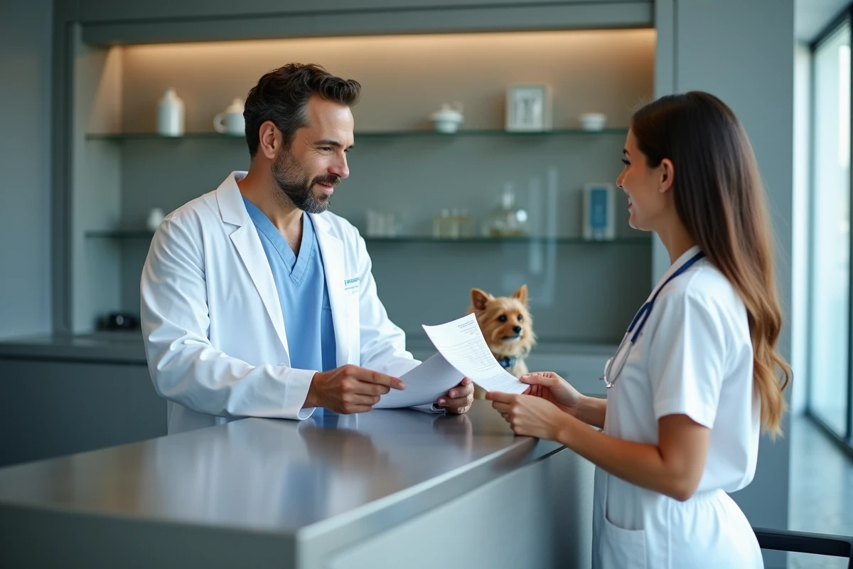 Vétérinaire remettant une facture à une cliente dans une clinique vétérinaire moderne