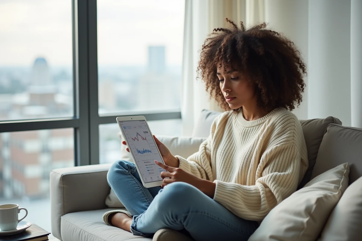 Femme parcourant une application d'investissement boursier sur tablette dans un salon contemporain