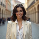 Femme élégante et souriante en veste crème dans une place européenne pavée, portrait inspirant de la compagne de Marc Marquez