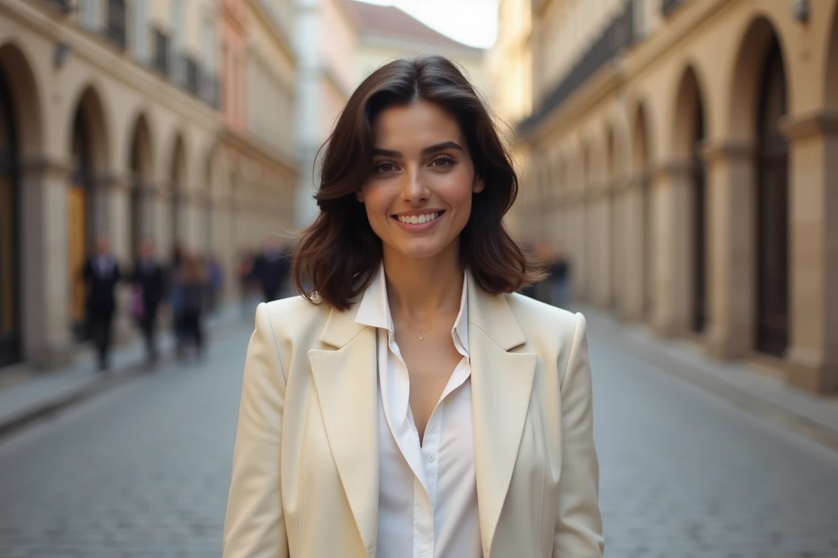 Femme élégante et souriante en veste crème dans une place européenne pavée, portrait inspirant de la compagne de Marc Marquez