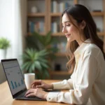 Femme entrepreneur en home office travaillant sur son entreprise en ligne avec un tableau de bord e-commerce