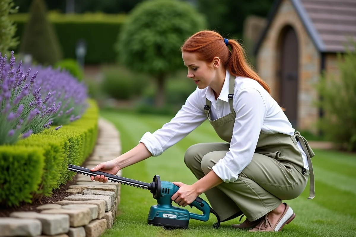 Femme inspectant une haie ornementale après taille avec un taille-haie électrique dans un jardin de campagne