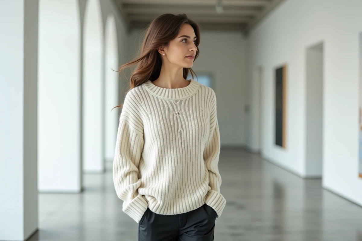 Femme confiante en pull structuré marchant dans un espace design contemporain, portrait éditorial inspirant