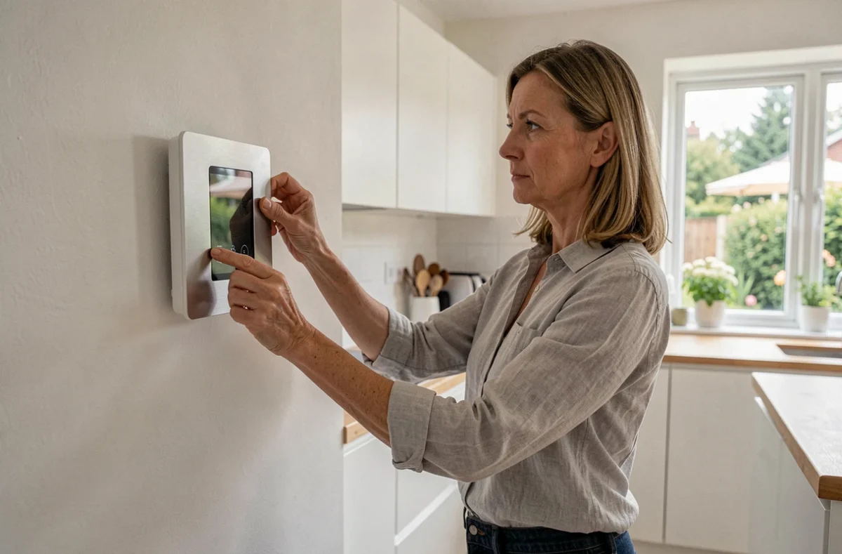 Femme installant un panneau de sécurité connecté dans une cuisine moderne avec des équipements domotiques pour la maison