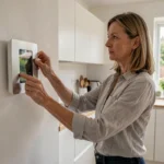 Femme installant un panneau de sécurité connecté dans une cuisine moderne avec des équipements domotiques pour la maison