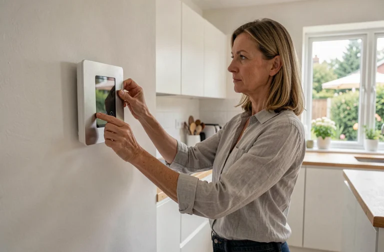 Femme installant un panneau de sécurité connecté dans une cuisine moderne avec des équipements domotiques pour la maison