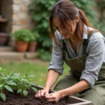 Femme jardinière qui transplante des plants de tomates dans un potager surélevé en bois au printemps