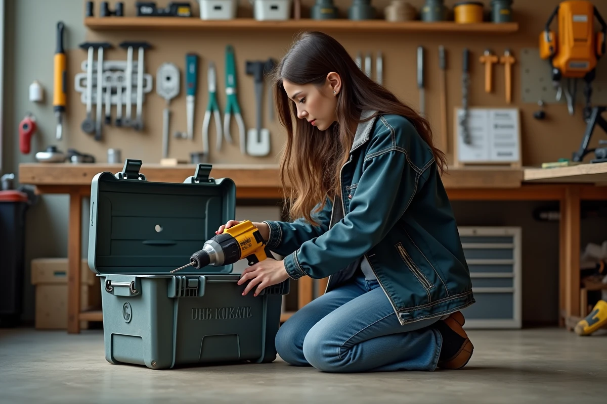Jeune femme huilant une perceuse dans un atelier lumineux