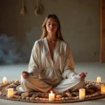 Femme en méditation entourée de sept bougies représentant les mondes spirituels dans une salle de pierre minimaliste