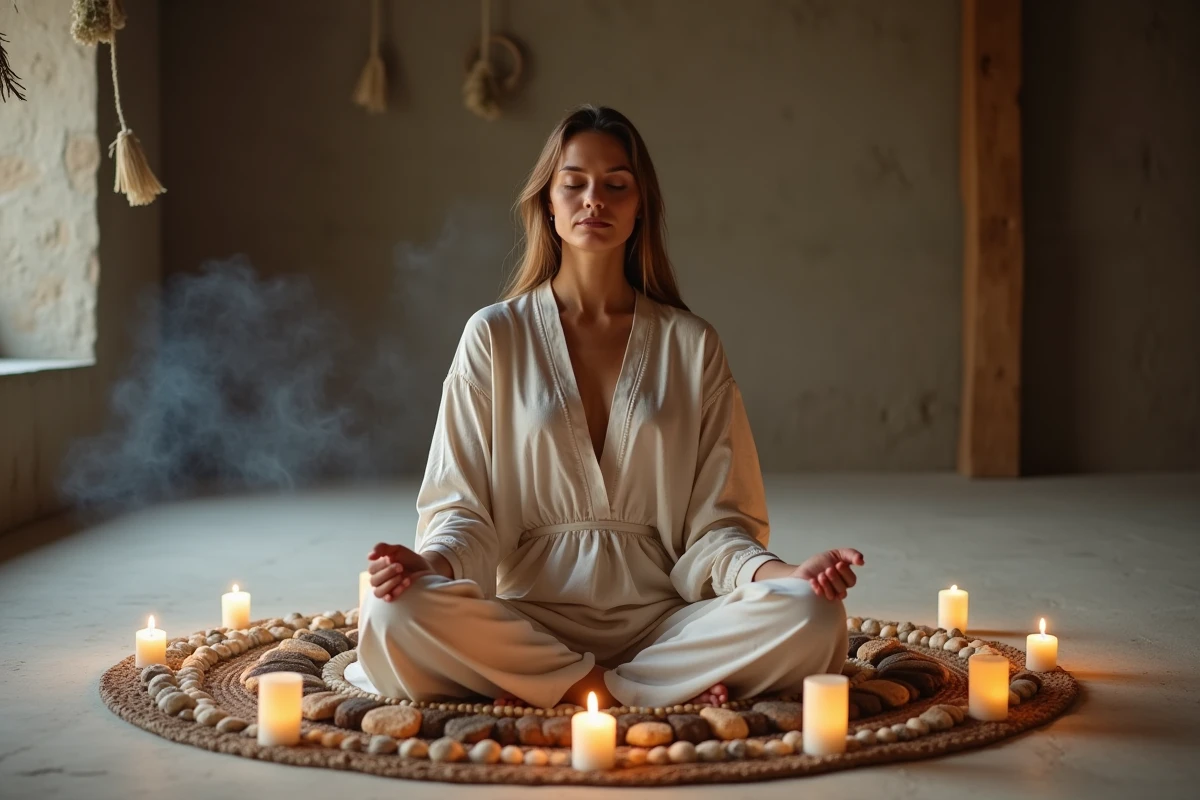 Femme en méditation entourée de sept bougies représentant les mondes spirituels dans une salle de pierre minimaliste