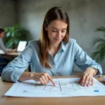 Femme étudiant un plan de site imprimé sur un bureau en bois dans un bureau moderne