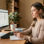 Femme utilisant des ressources web en ligne depuis son bureau à domicile moderne en 2024