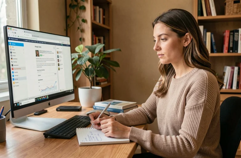 Femme utilisant des ressources web en ligne depuis son bureau à domicile moderne en 2024