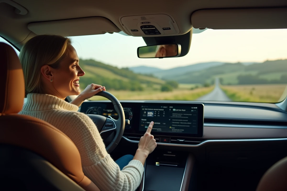 Femme détendue dans un SUV hybride en campagne