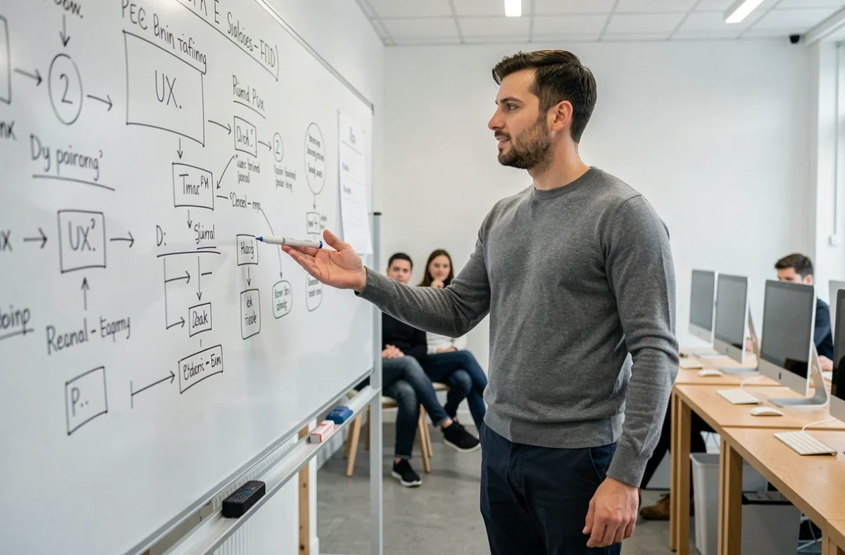 Formateur en design UX expliquant des concepts digitaux à des apprenants dans un centre de formation parisien